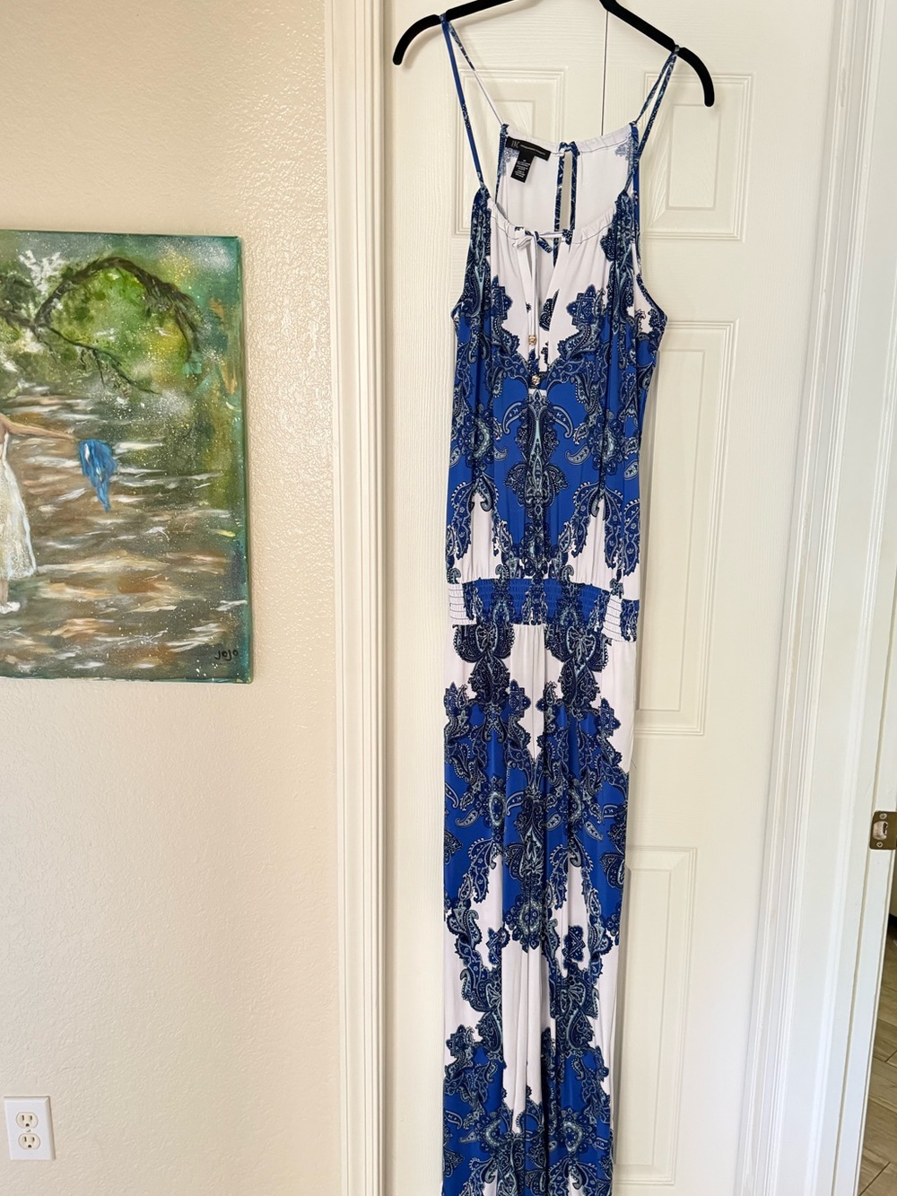 INC International Concepts Blue & White Printed Halter Jumpsuit Romper